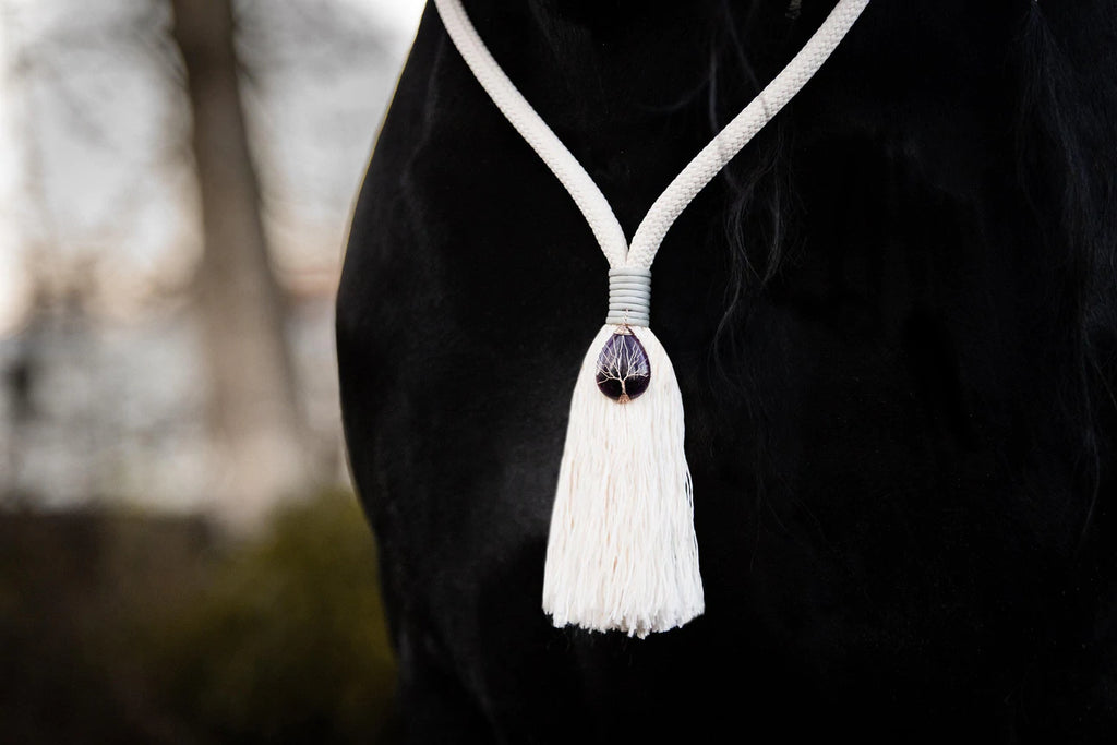 Gemstone neck rope with amethyst made with creme rope on a black horse by FR Equestrian